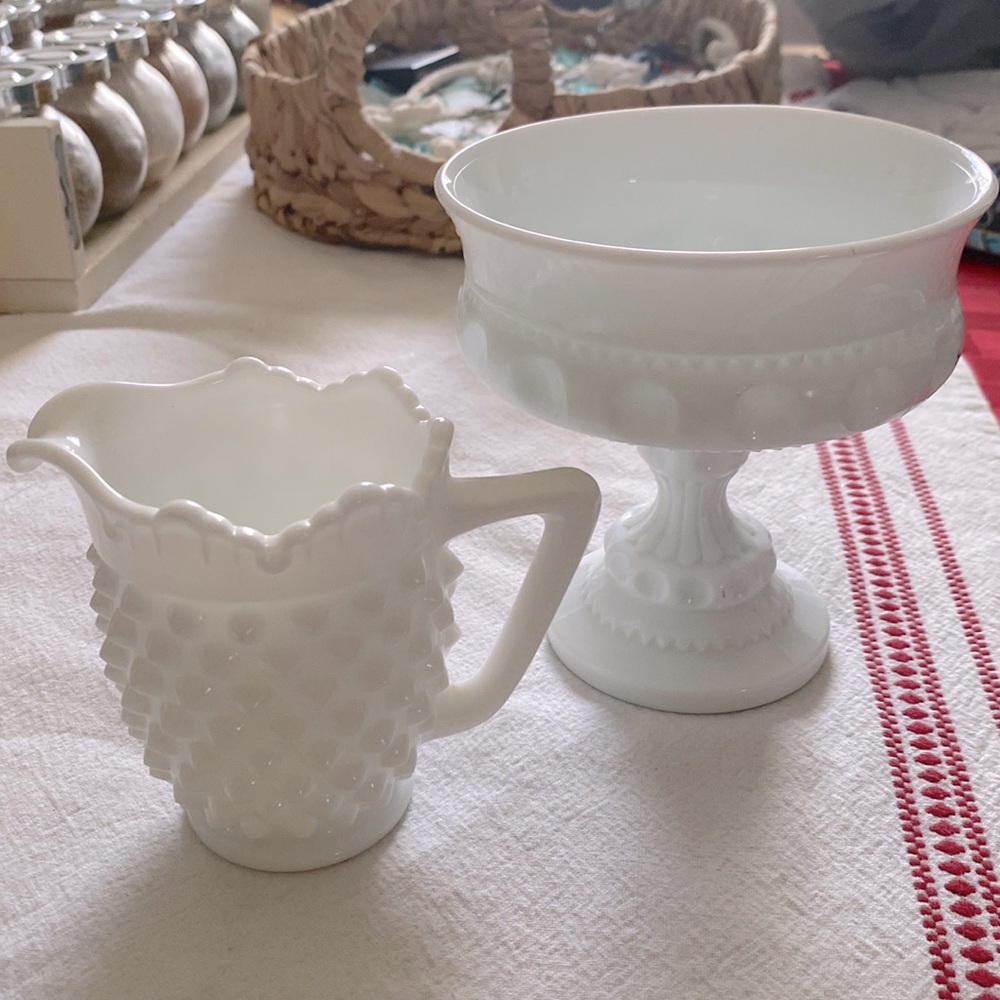 Milk glass cream pitcher and pedestal dish